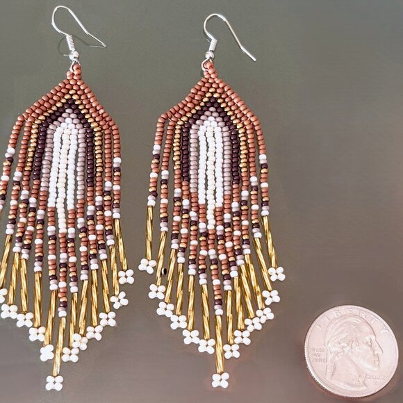 Hand Beaded Neutral Brown Earthy Colors Metallic Gold Tassel Dangle Earrings - Picture 6 of 6